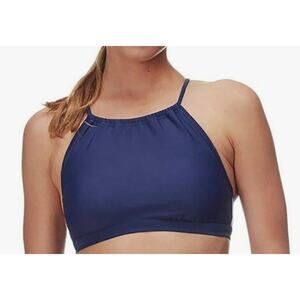 Prana Brina Halter Bikini Swim Top High Neck Size L Navy Blue Designer UPF 50+